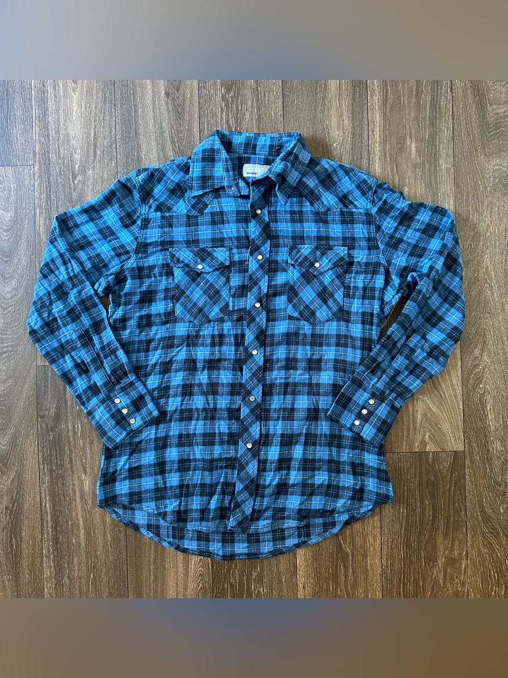 Wrangler Wrancher Pearl Snap Western Blue Plaid Long Sleeve Shirt Sz L 90s Vtg